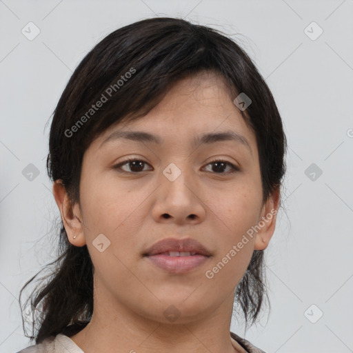 Neutral asian young-adult female with medium  brown hair and brown eyes