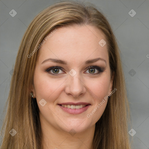 Joyful white young-adult female with long  brown hair and green eyes