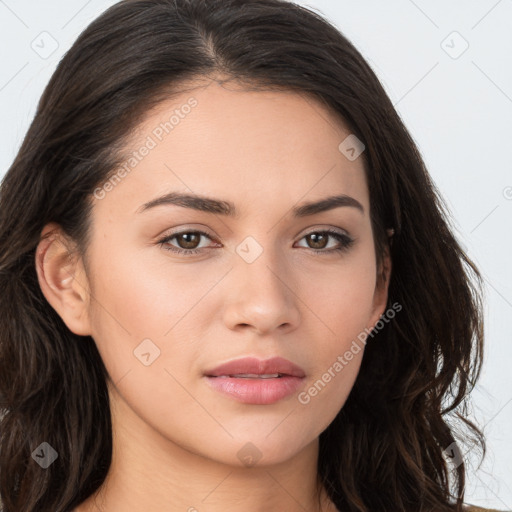 Neutral white young-adult female with long  brown hair and brown eyes