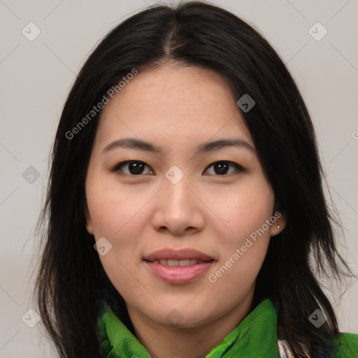 Joyful asian young-adult female with medium  brown hair and brown eyes