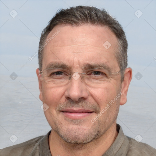 Joyful white middle-aged male with short  brown hair and brown eyes