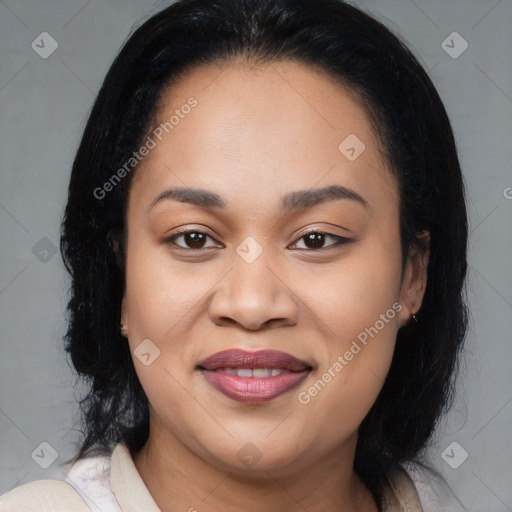 Joyful black young-adult female with medium  black hair and brown eyes