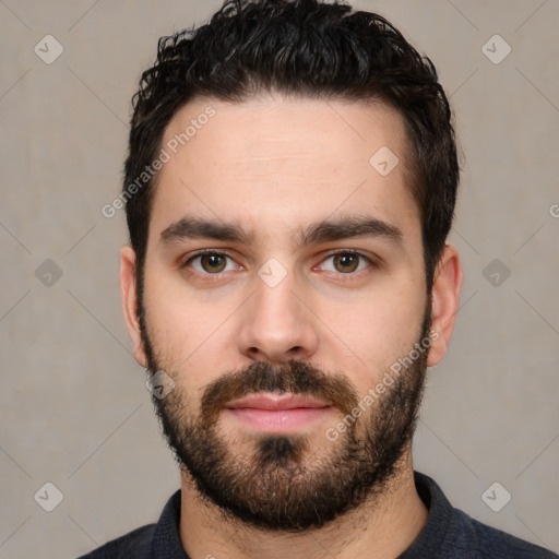 Neutral white young-adult male with short  black hair and brown eyes