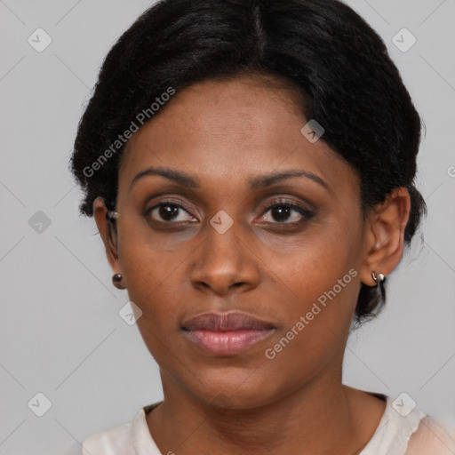 Neutral black young-adult female with short  brown hair and brown eyes