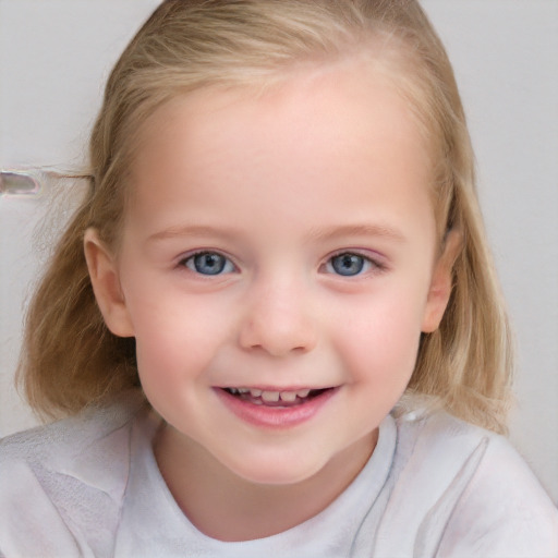 Joyful white child female with medium  brown hair and blue eyes