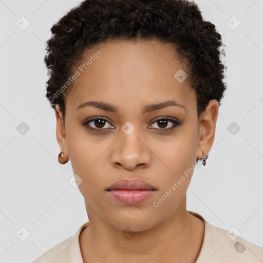 Joyful black young-adult female with short  brown hair and brown eyes