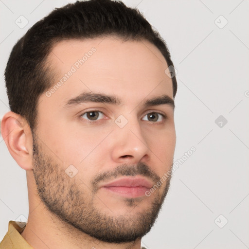 Neutral white young-adult male with short  brown hair and brown eyes