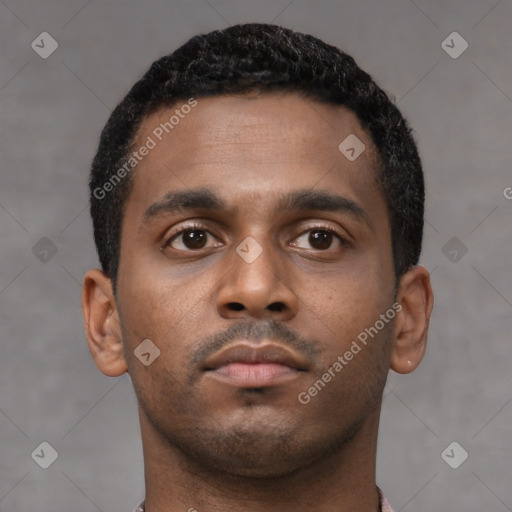 Neutral latino young-adult male with short  black hair and brown eyes