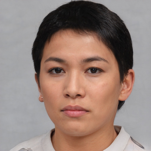 Neutral asian young-adult female with short  brown hair and brown eyes