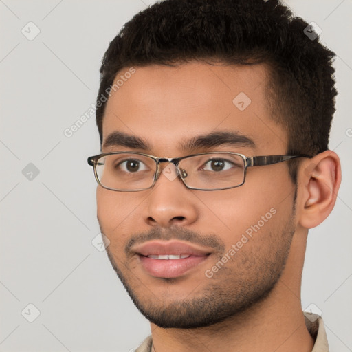 Neutral white young-adult male with short  black hair and brown eyes