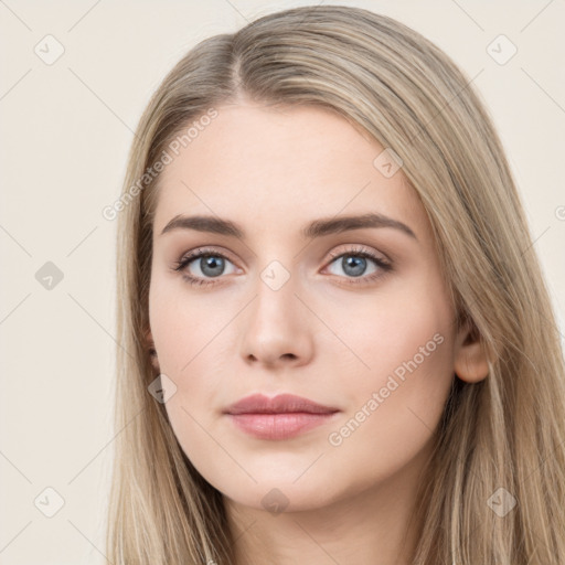 Neutral white young-adult female with long  brown hair and brown eyes