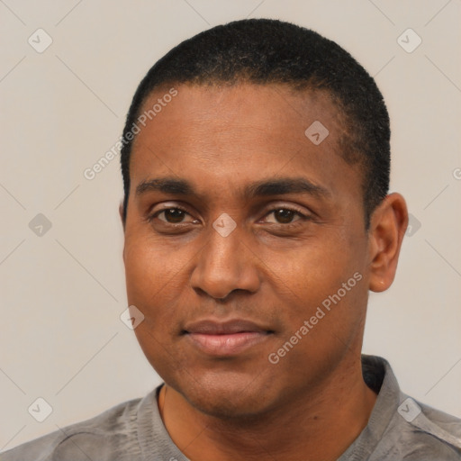 Neutral black young-adult male with short  black hair and brown eyes