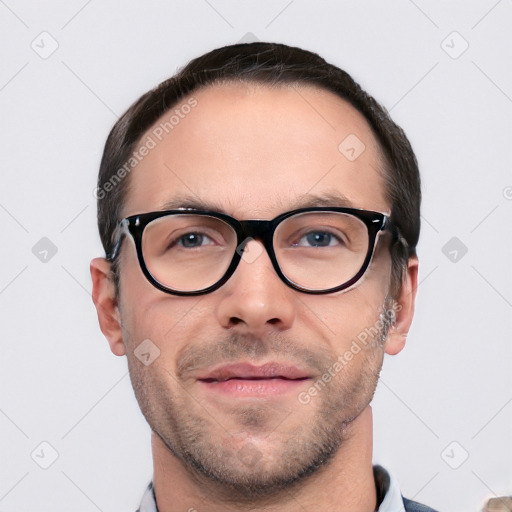 Neutral white young-adult male with short  brown hair and brown eyes