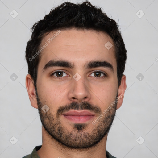 Neutral white young-adult male with short  brown hair and brown eyes