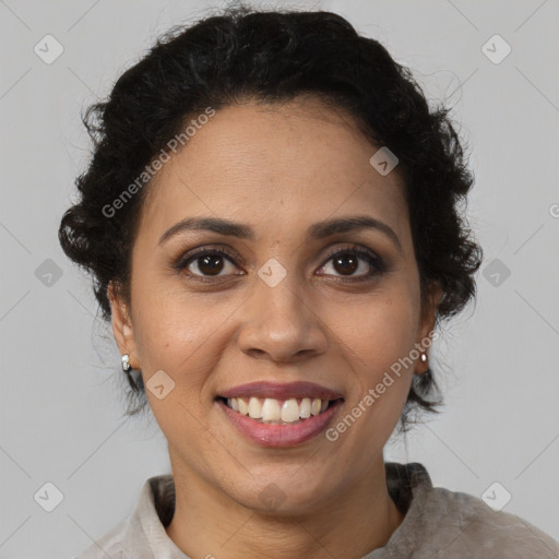 Joyful latino young-adult female with short  brown hair and brown eyes