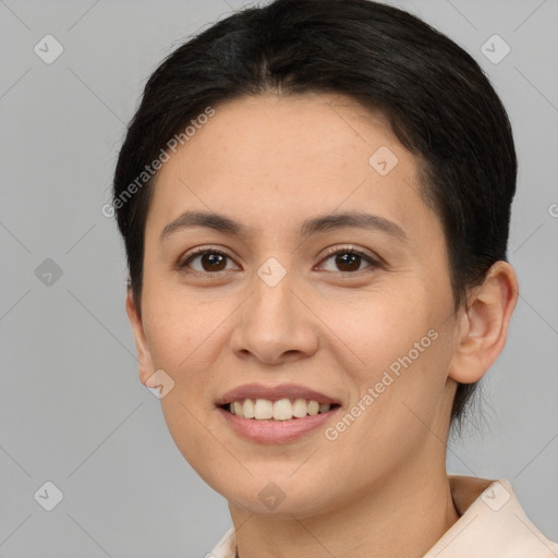 Joyful white young-adult female with short  brown hair and brown eyes