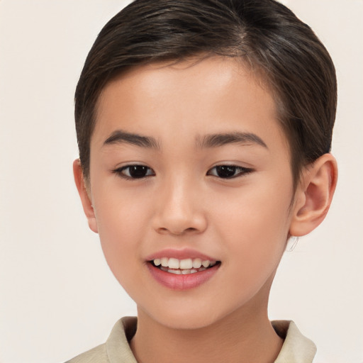 Joyful white child female with short  brown hair and brown eyes