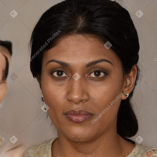 Neutral black young-adult female with medium  brown hair and brown eyes