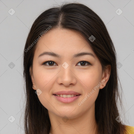 Joyful white young-adult female with long  brown hair and brown eyes