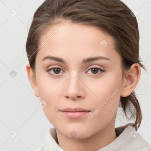 Neutral white young-adult female with medium  brown hair and brown eyes