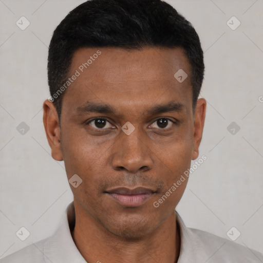 Neutral black young-adult male with short  black hair and brown eyes