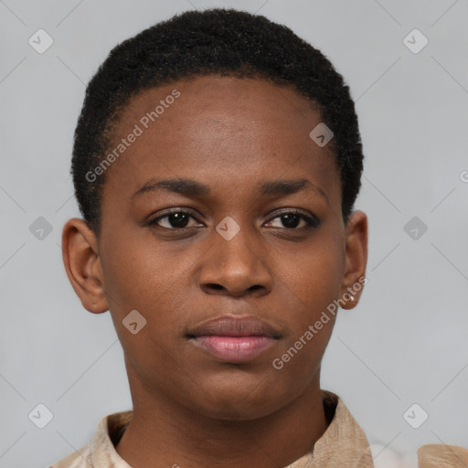 Neutral black young-adult female with short  brown hair and brown eyes