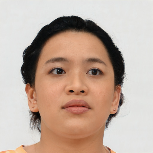 Neutral asian young-adult female with medium  black hair and brown eyes
