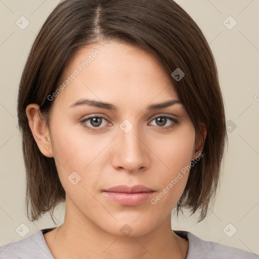 Neutral white young-adult female with medium  brown hair and brown eyes