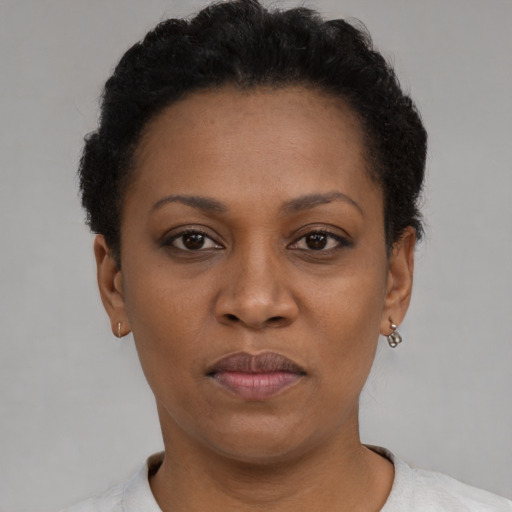 Joyful black adult female with short  black hair and brown eyes