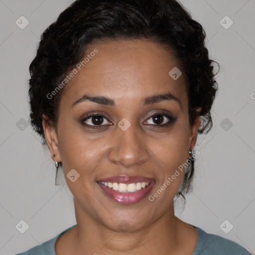 Joyful black young-adult female with medium  black hair and brown eyes