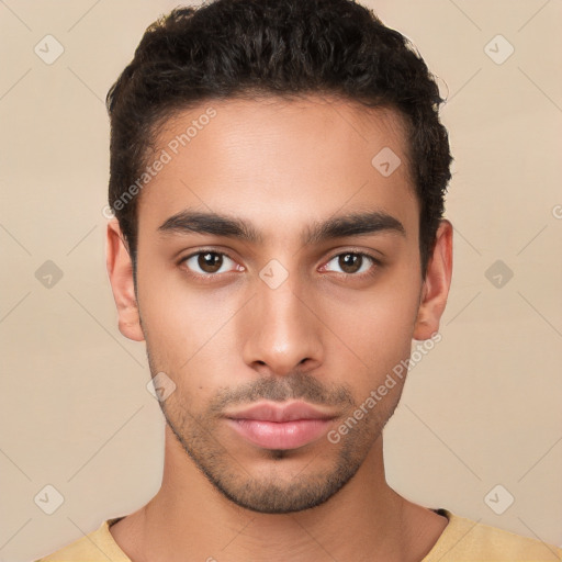 Neutral white young-adult male with short  black hair and brown eyes