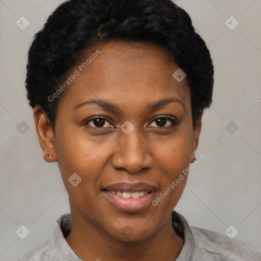 Joyful black adult female with short  black hair and brown eyes