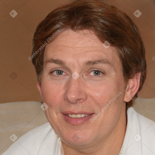 Joyful white adult female with medium  brown hair and blue eyes