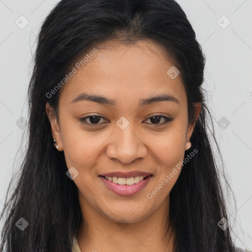 Joyful asian young-adult female with long  brown hair and brown eyes