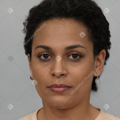 Neutral black young-adult female with short  brown hair and brown eyes