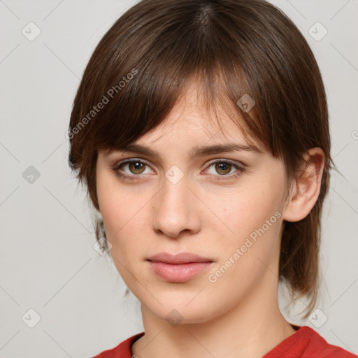 Neutral white young-adult female with medium  brown hair and brown eyes