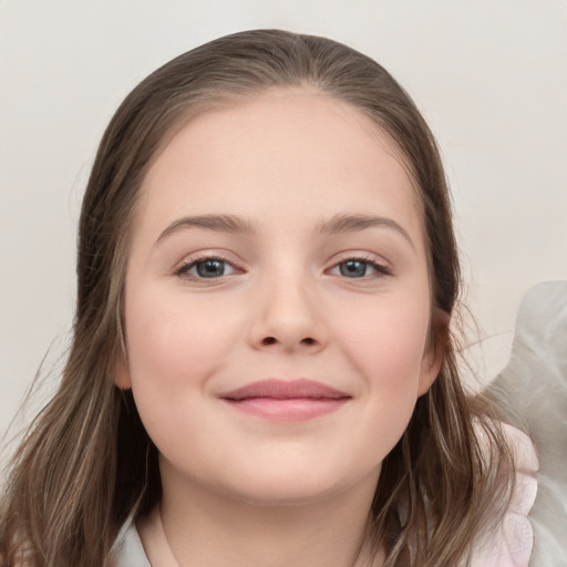 Joyful white child female with medium  brown hair and blue eyes