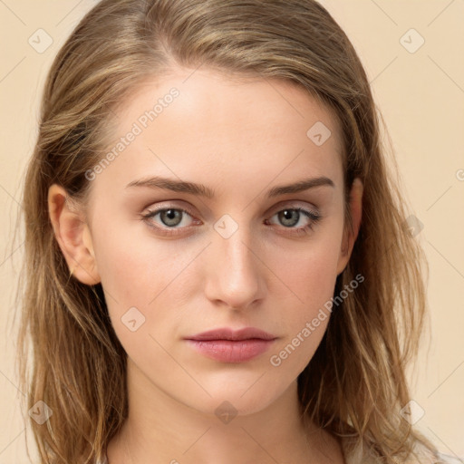 Neutral white young-adult female with long  brown hair and grey eyes