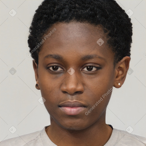 Neutral black young-adult female with short  black hair and brown eyes