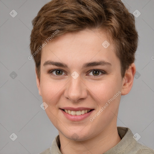 Joyful white young-adult female with short  brown hair and grey eyes