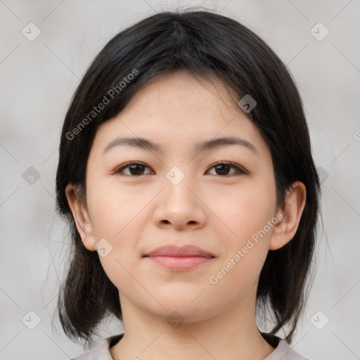 Neutral asian young-adult female with medium  brown hair and brown eyes