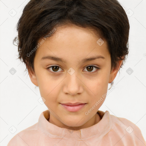 Joyful white child female with short  brown hair and brown eyes