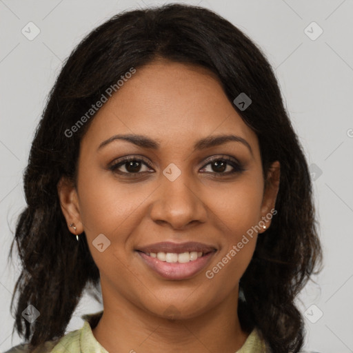 Joyful black young-adult female with medium  brown hair and brown eyes