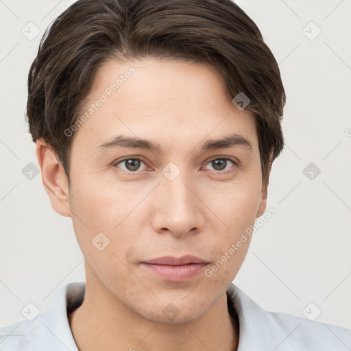 Neutral white young-adult male with short  brown hair and brown eyes