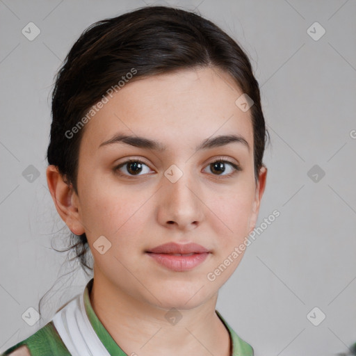 Neutral white young-adult female with medium  brown hair and brown eyes