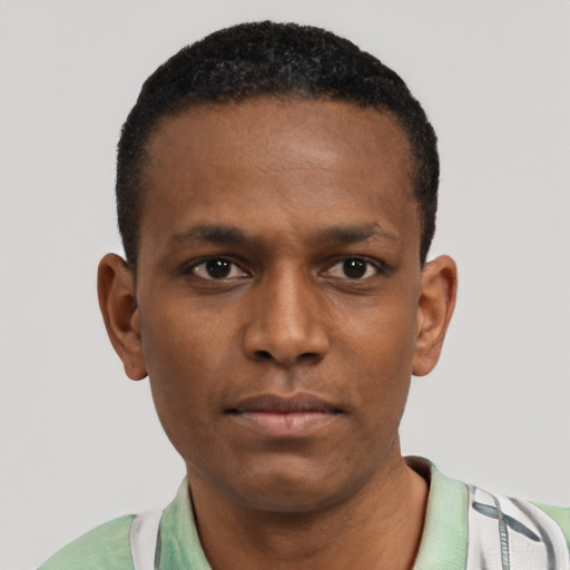Neutral black young-adult male with short  black hair and brown eyes