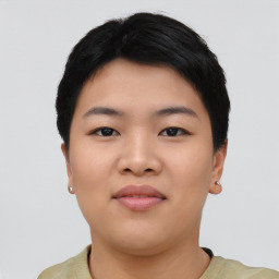 Neutral asian young-adult female with short  black hair and brown eyes