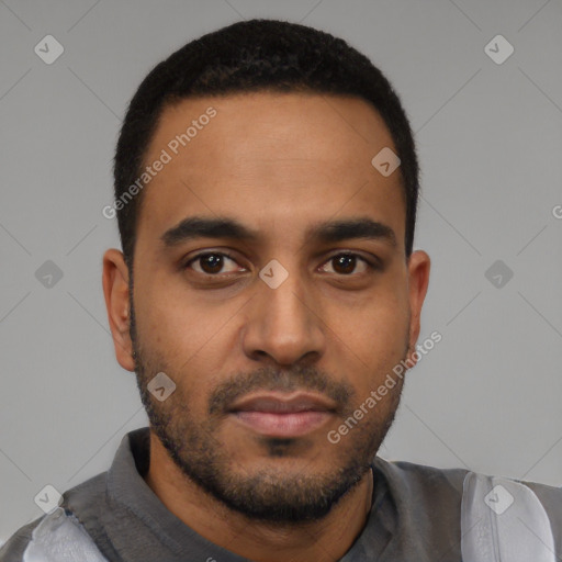 Neutral latino young-adult male with short  black hair and brown eyes