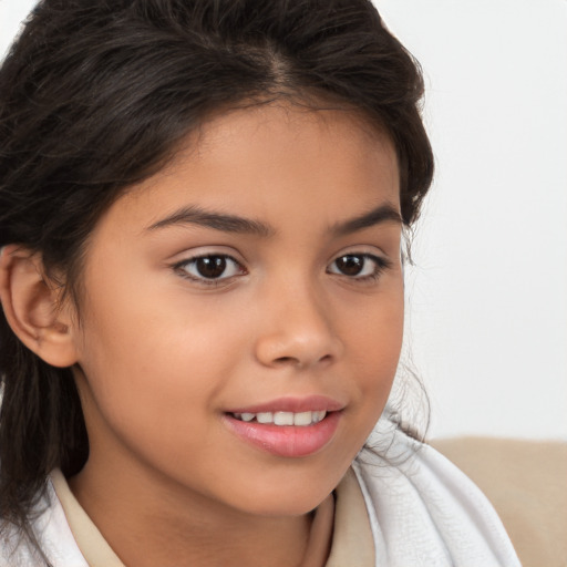 Joyful white child female with medium  brown hair and brown eyes