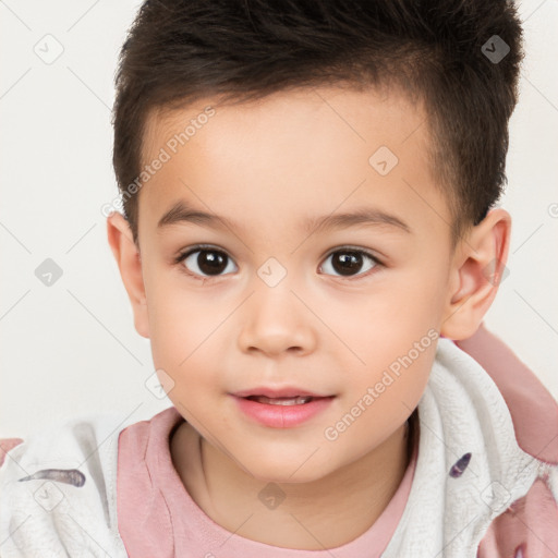 Joyful white child male with short  brown hair and brown eyes